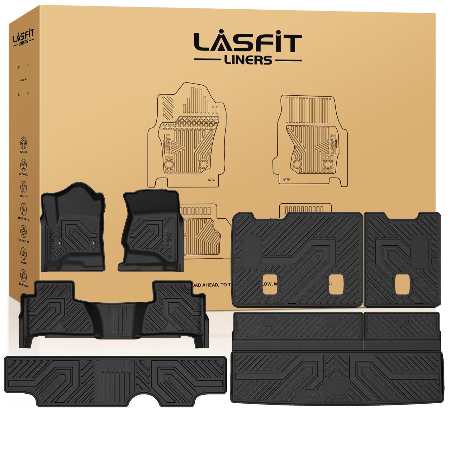 LASFIT Floor Mats & Cargo Liner 2015-2020 & Only 7/8 Seats (Not for 9 Seats) for Chevrolet Chevy Tahoe/GMC Yukon(Only Yukon, Not Fit Yukon XL), All Weather TPE Custom Fit Car Floor Liners