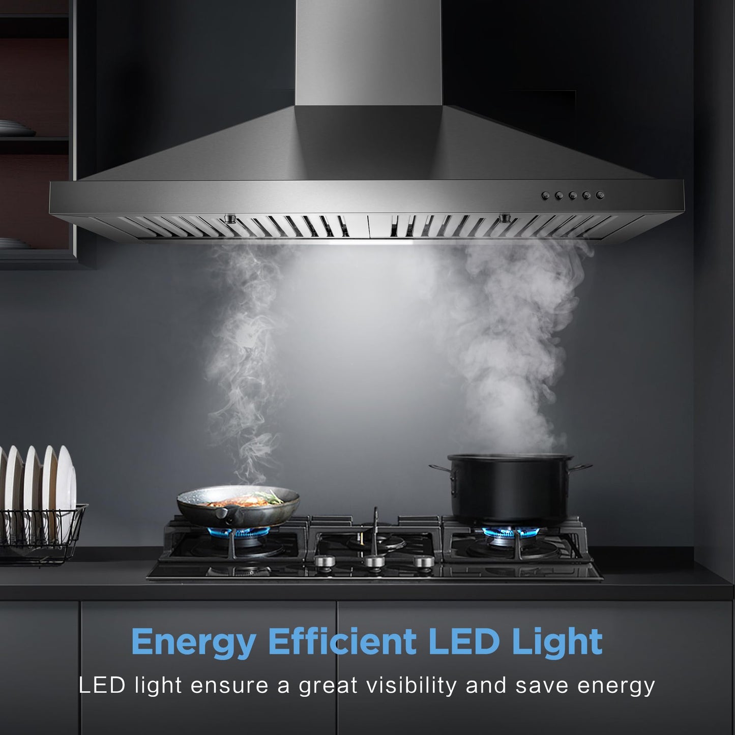 Zomagas Range Hood 30 inch, Wall Mount Vent Hood in Stainless Steel, Ducted/Ductless Convertible Duct, Kitchen Hood w/Baffle Filters, 3 Speed Fan, Energy Saving LED Light, Push Button Control