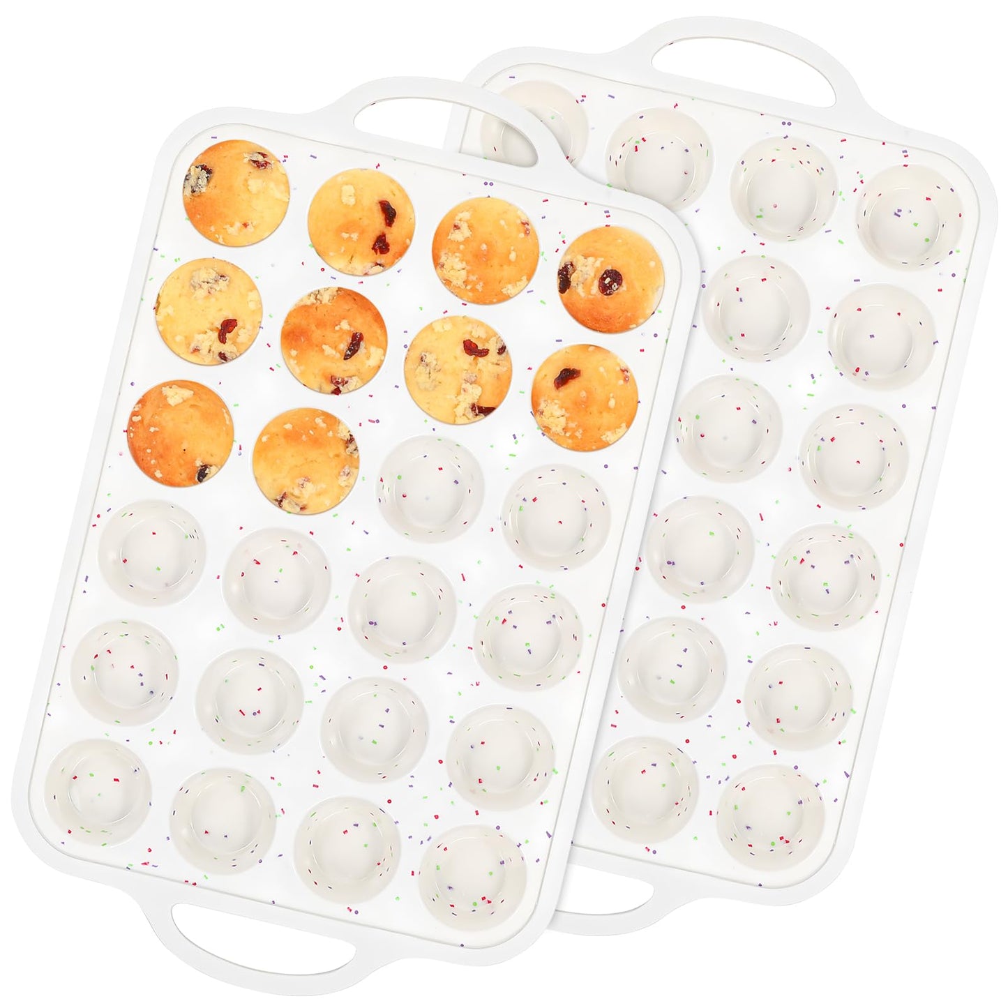 Fimary Muffin Pans With Metal Reinforced Frame - 24 Cups Durable Silicone Baking Pan for Muffins, Cupcakes, BPA Free and Dishwasher Safe - Beige with Rainbow Spots, Set of 2