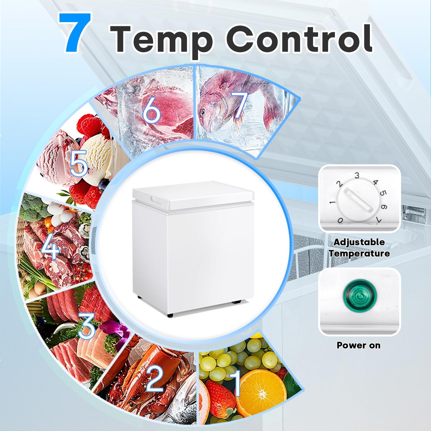 DOGHLY 3.5 Cu.Ft Chest Freezer, Small Deep Freezer with 7 Adjustable Temperature Levels, Mini Freezer for Office Garage Apartment, Compact Food Storage Small Freezer Chest, White