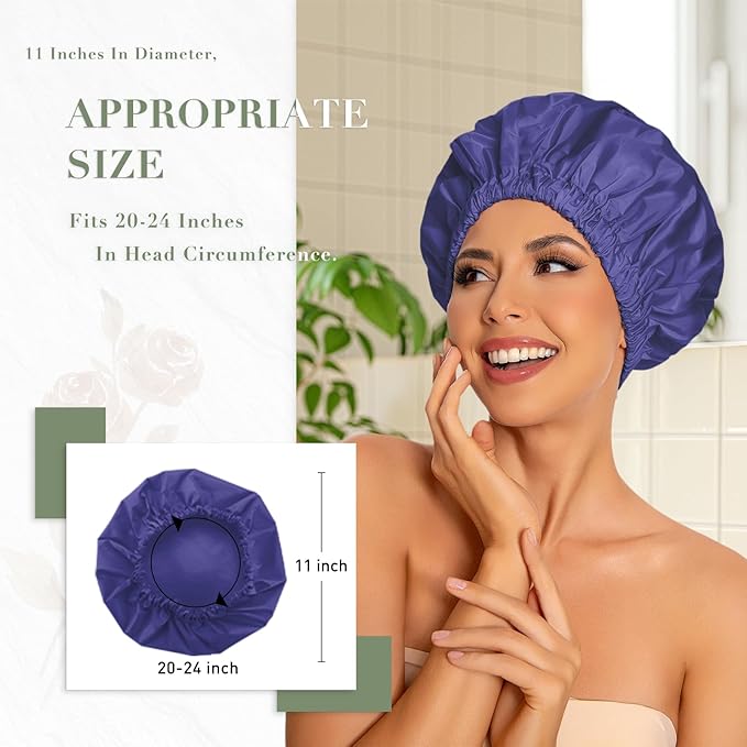 Reusable Shower Cap for Women, Large Waterproof Shower Bonnet with Elastic Band, Washable Bath Hair Cap for Long, Curly Hair, Braids, Daily Shower, Home Spa, Travel(Dark Blue Purple)