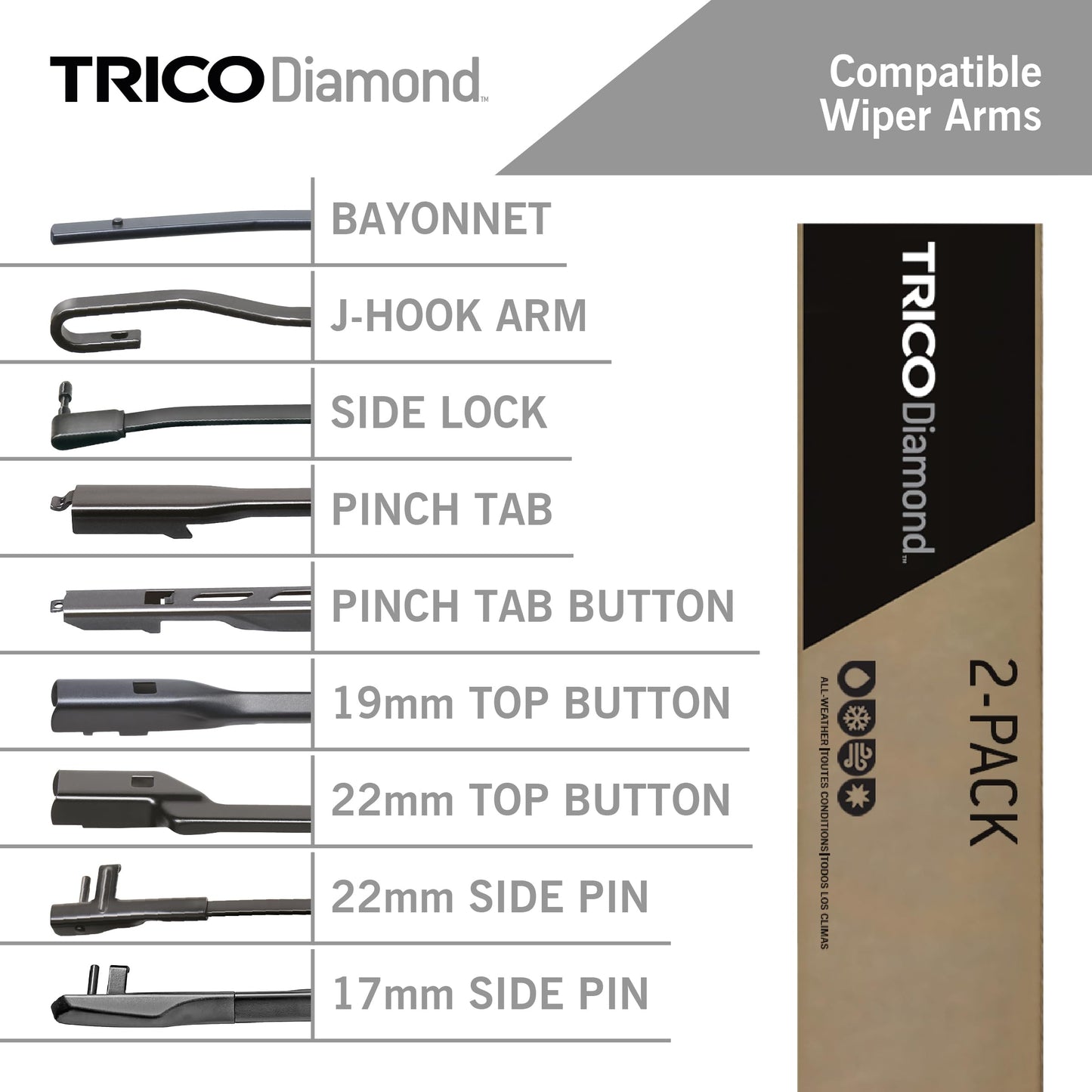 TRICO Diamond 22" + 21" Super Premium Automotive Replacement Windshield Wiper Blades (Set of 2), Passenger and Driver Side All-Weather Beam Wiper Blades for Select Vehicle Models (Item #25-2221)