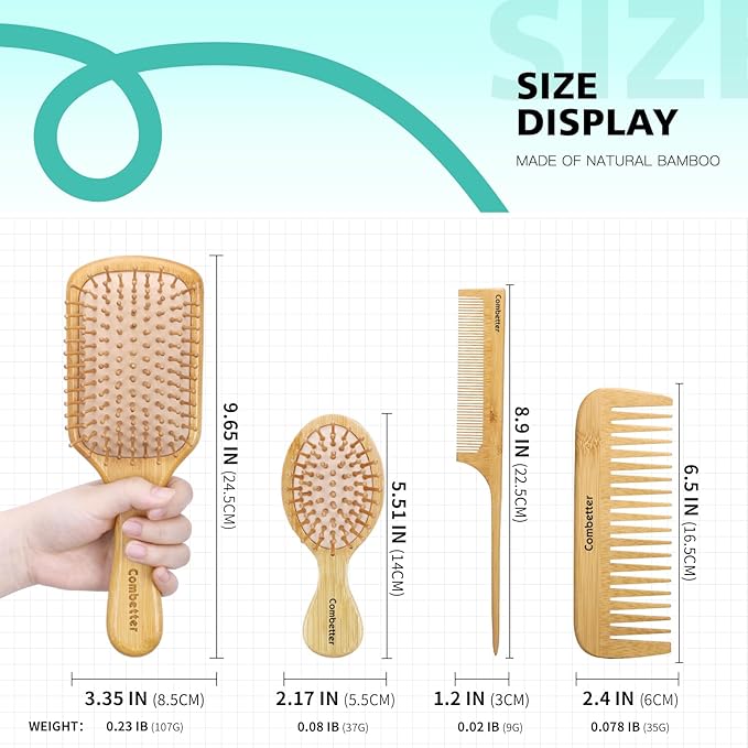 100% Bamboo Hair Brushes and Comb Set by Combetter, Comb for Women and Detangling, Great on All Hair, Eco-Friendly and Handmade for Women Men and Kids