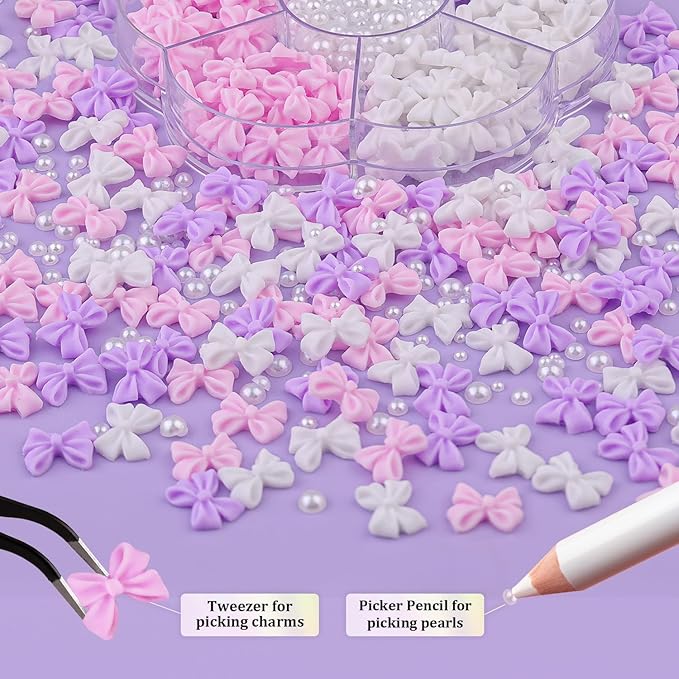 120 Pcs 3D Bow Charms + 2-4mm Nail Pearls - Pink White Lilac Bows & White Flatback Pearls with Glue Gel (UV Needed) & Pickup Tools