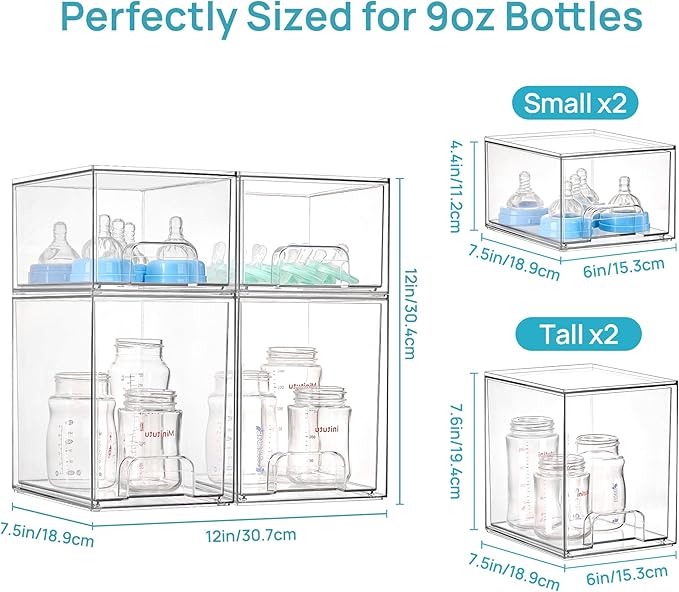 Vtopmart 4 Pack Clear Baby Bottle Organizer Set, Stackable Storage Drawers Ideal for Kichen Countertop, Vanity, Bathroom, Cabinet, Pantry Organization
