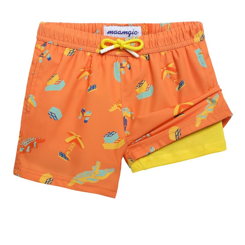 maamgic Boys Swim Trunks with Compression Liner Toddler Stretch Swim Shorts Quick Dry Swimming Trunks Boxer Brief 2 in 1 Beach Shorts Orange Blocks 4T