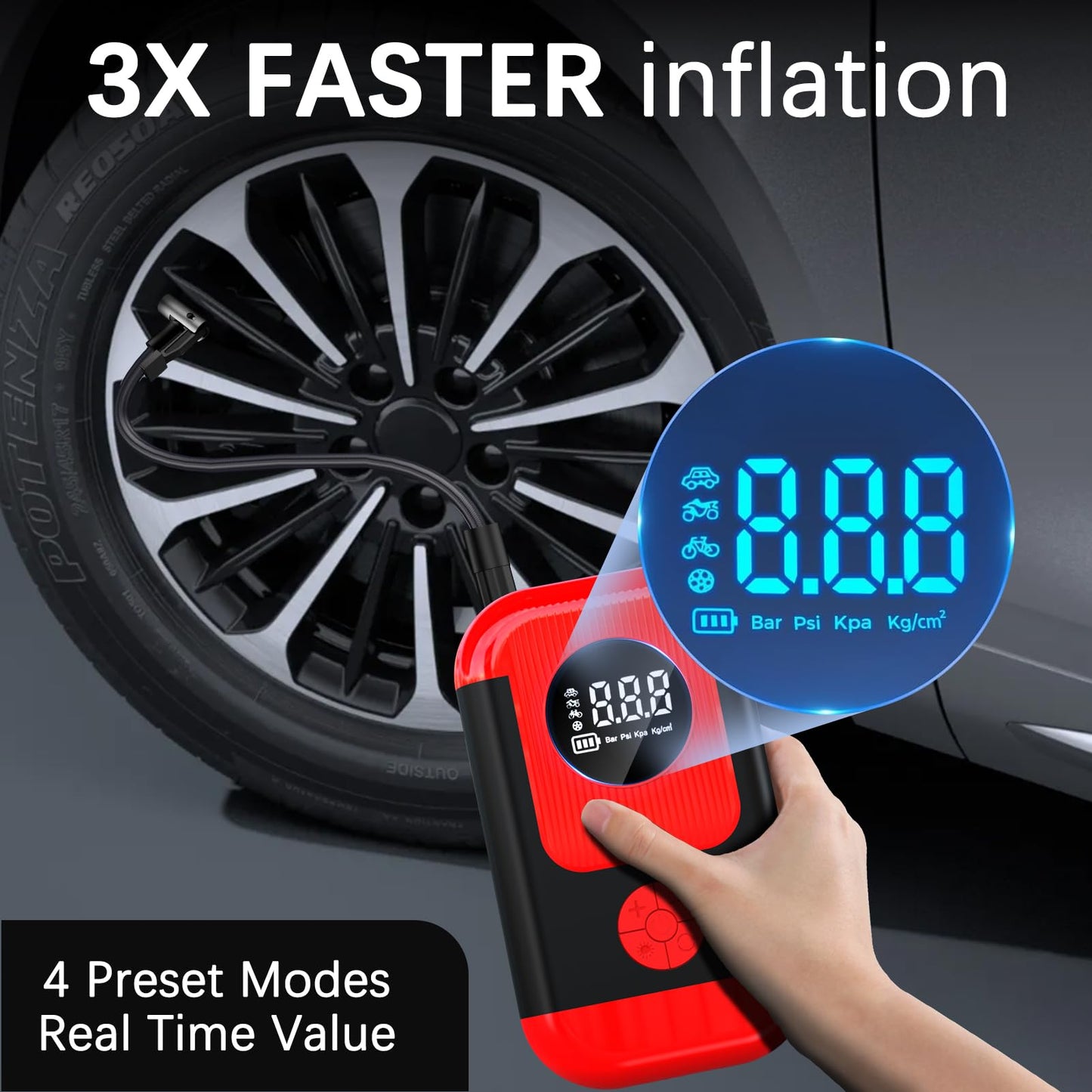 ApexNexus Tire Inflator Portable Air Compressor & Car Jump Starter, Cordless Air Pump with LED Light & Pressure Gauge for Auto,Motorcycles,Bikes,Balls.