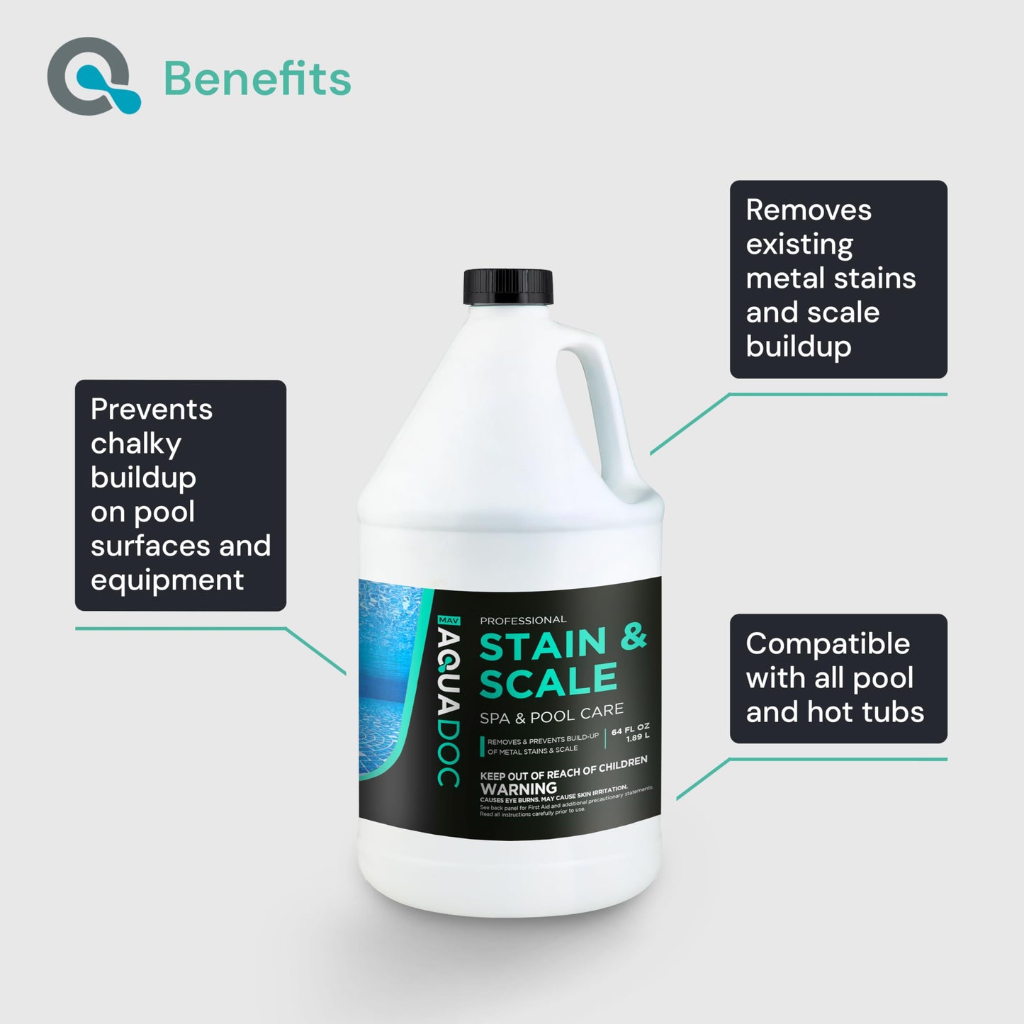 AquaDoc Pool & Spa Stain and Scale Control for Hot Tubs - 64oz - Pool Stain Remover that Helps Prevent & Remove Calcium, Iron, Copper & Rust Buildup - Made in USA