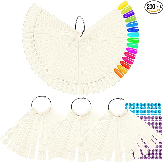BQAN 200 Pcs Nail Swatch Sticks with Ring, Nails Art Display/Nail Practice Sticks for Home or Salon Use, 4 Pack Number Stickers