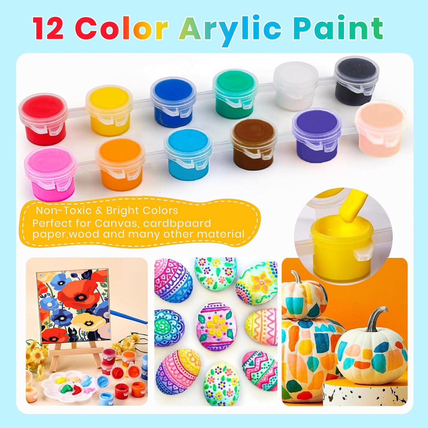 12 Pack Mini Acrylic Paint Set, 12 Colors Washable Acrylic Paint Strips with 24Pcs Painting Brushes for Kids&Adults Paint, 168 PCS Kids Painting Kit for Birthday Party Favor, Classroom, Art Gift