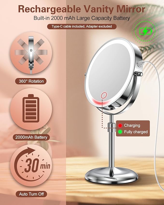 Benbilry Lighted Makeup Mirror with Magnification 10X & 3 Color Lights, Adjustable Brightness & Height, 7 Inch 360° Swivel Rechargeable LED Magnifying Make Up Vanity Mirror with Lighting (Silver)
