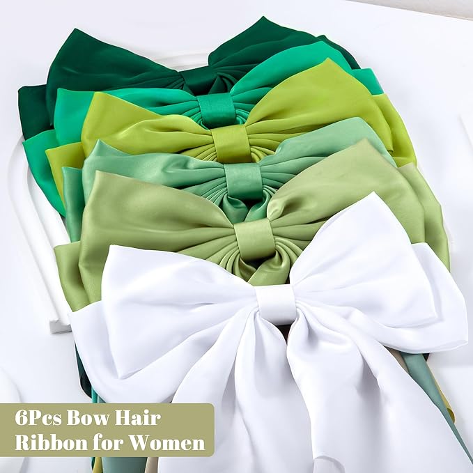 6Pcs Large Bows Hair Clips for Women Girls Long Tail Hair Ribbon Silky Satin Barrettes Coquette Bows Accessories (Black/Blue/Green/White)