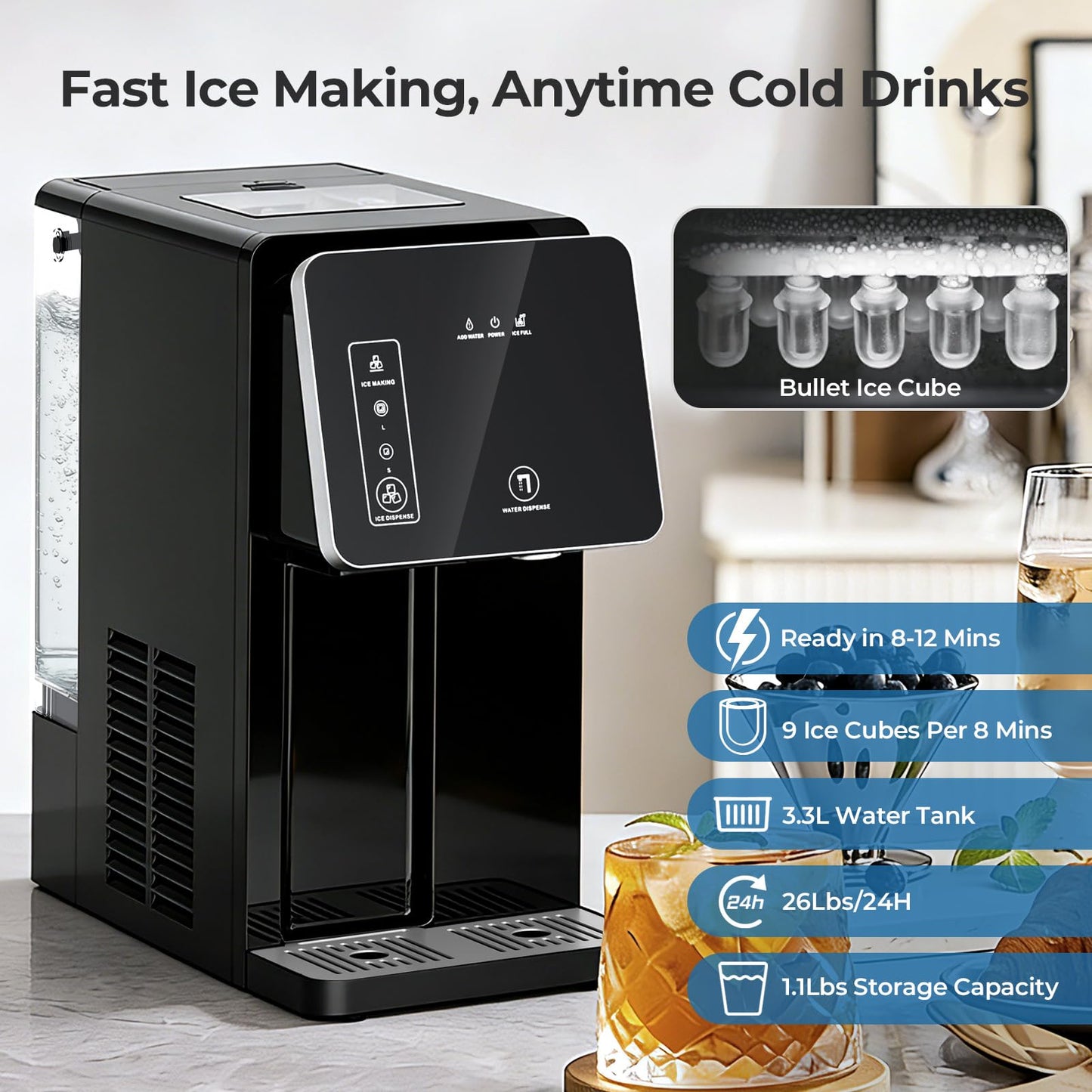 Antarctic Star Countertop Ice Maker & Cold Water Dispenser, 3.3L Removable Water Tank, 9 Bullet Ice Cubes per 8 Mins, 26lbs/24H, 2 Ice Size Options, Ideal for Home/Office/Dorm
