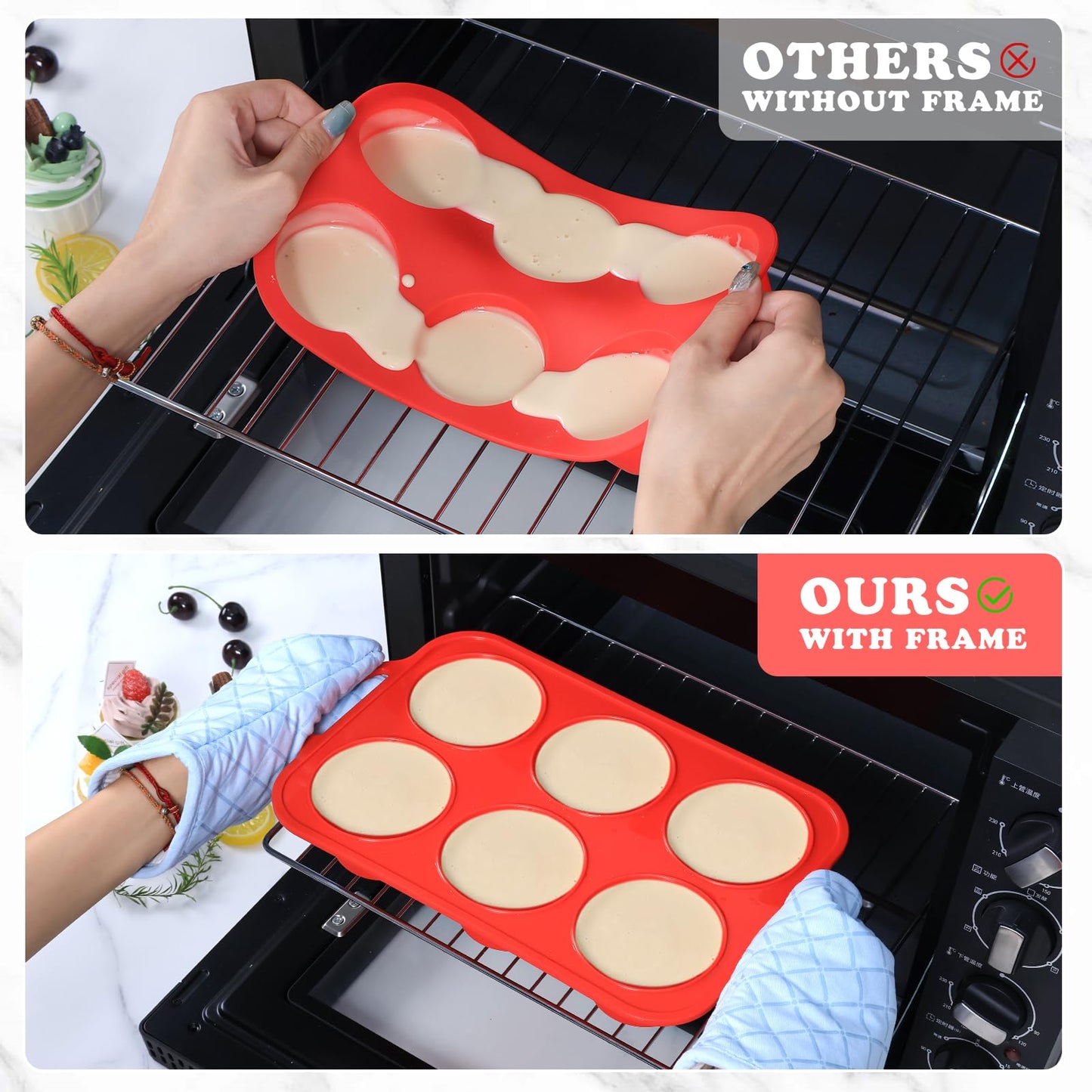 Foepoge 2 Pack Jumbo Silicone Muffin Pan with Metal Frame, Non-stick Large Silicone Cupcake Pan with Handles 6 Cup, Silicon Muffin Tin Tray for baking, egg bites, Cupcake Mold, BPA Free Red