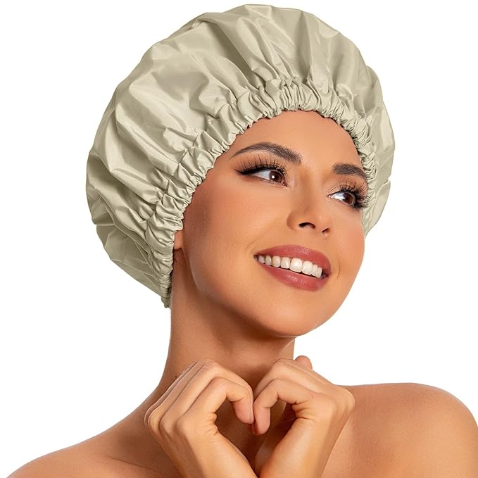 Reusable Shower Cap for Women, Large Waterproof Shower Bonnet with Elastic Band, Washable Bath Hair Cap for Long, Curly Hair, Braids, Daily Shower, Home Spa, Travel(Gray Yellow)
