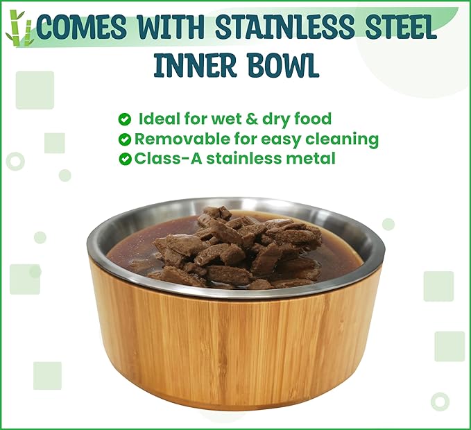 Raised Dog Bowl with Stand (12-inch) - Elevated Bamboo Food Bowl with Stainless Steel 304 Insert - Medium-to-Large Breeds Suitable