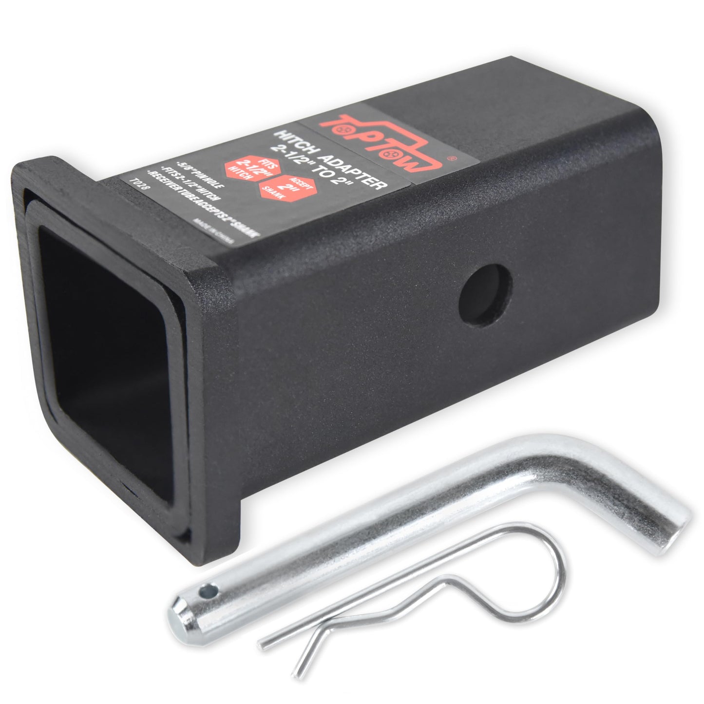 TOPTOW 64028HP Trailer Hitch Adapter 2-1/2" to 2" Hitch Reducer Sleeve Carbon Steel, 5/8 inch Pin & Clip Included