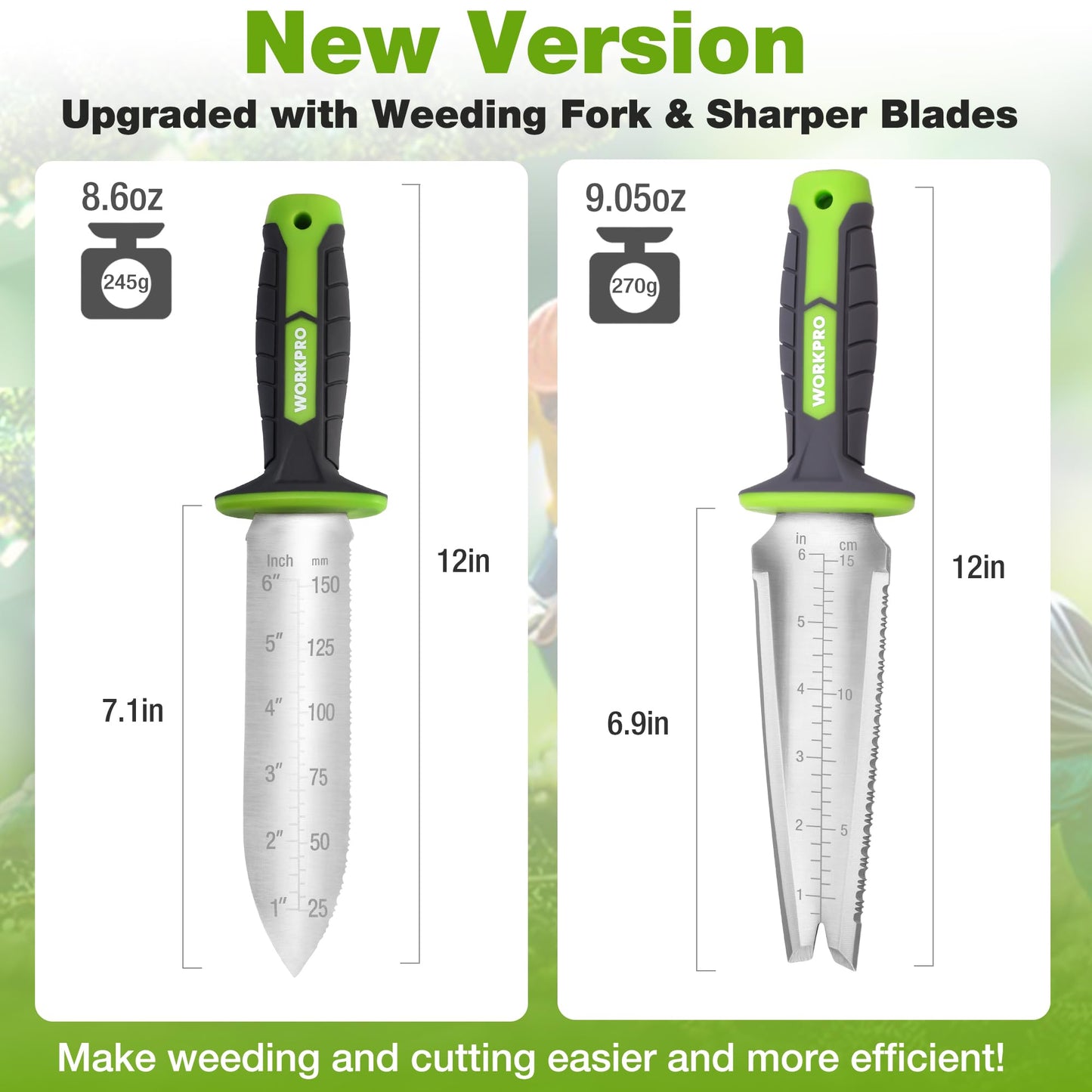 WORKPRO Hori Hori Garden Knife, 7" Stainless Steel Blade with Cutting Edge, Garden Tools with Oxford Sheath, Ergonomic TRP Handle with Hanging Hole for Weeding, Planting, Digging