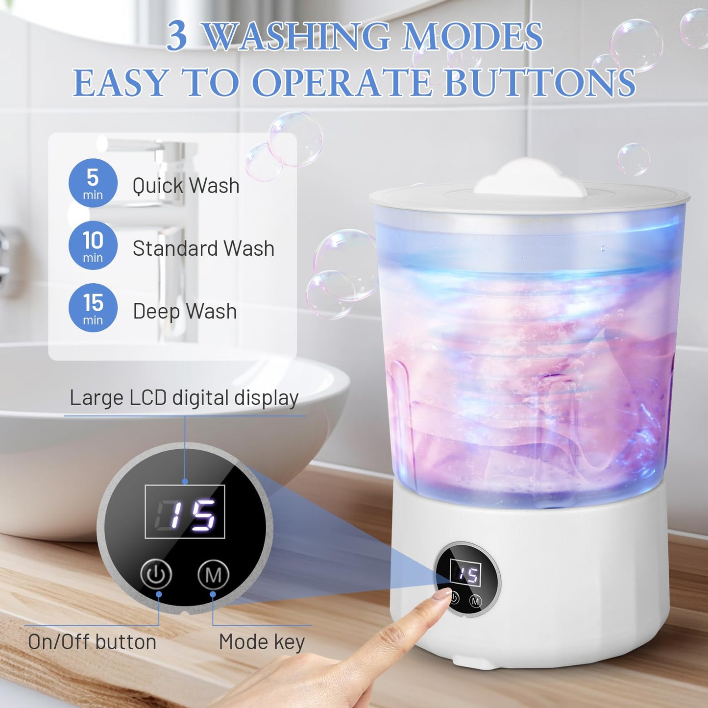 Underwear Washing Machine - Portable Rechargeable Mini Washing Machine w/ 1.5L Isolated Tubs, Bionic Hand-Wash Tech for Travel, Camping, Dorm | 3 Modes, 3000mAh