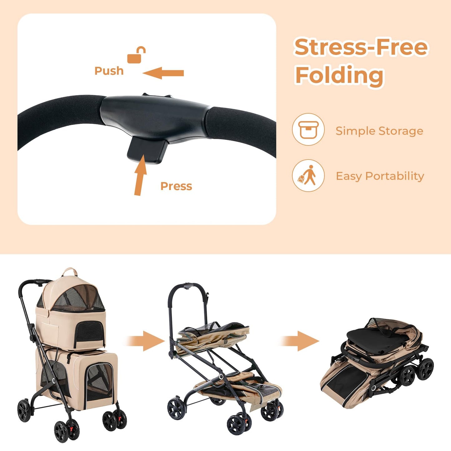 HAPPAWS 4-in-1 Double Pet Stroller with 2 Detachable Carriers, Foldable Dog Cat Travel Stroller for Small Medium Pets, Travel Cat Bag with Safety Belt & Lockable Wheels, Beige
