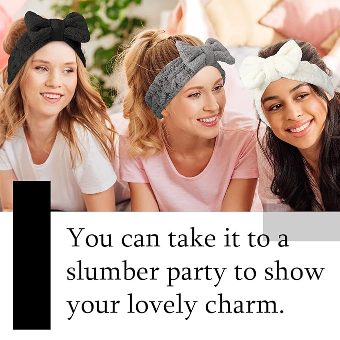 3 Pieces Towel Headbands for Women Makeup Headband for Washing Face Makeup Spa Headband, Microfiber Bowtie Shower Headband for Women (White, Light Gray, Black)