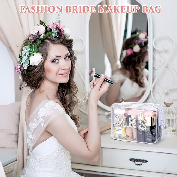 Etercycle MRS Clear Cosmetic Bag, Bachelorette Gifts for Bride Makeup Bag, Portable PVC Travel Toiletry Bag Bling Pearl Rhinestone Patch Letter Bags for Engagement Party Women Wedding Bridal (Gold)