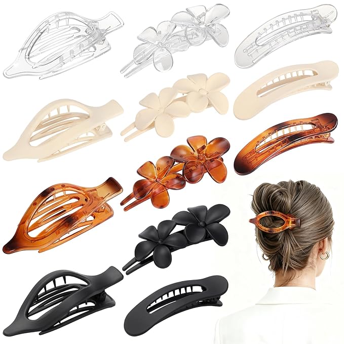 12 PCS Flat Hair Clips - 3 Styles Matte Flat Claw Clips Set Duckbill Barrettes for Women, No-Slip Strong Hold for Thin and Thick Hair, Hair Accessories for Girls Gift (Transparent)