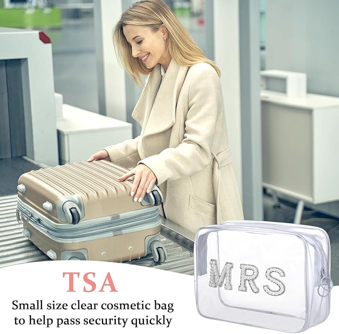 Etercycle MRS Clear Cosmetic Bag, Bachelorette Gifts for Bride Makeup Bag, Portable PVC Travel Toiletry Bag Bling Pearl Rhinestone Patch Letter Bags for Engagement Bachelorette Party Wedding (Silver)