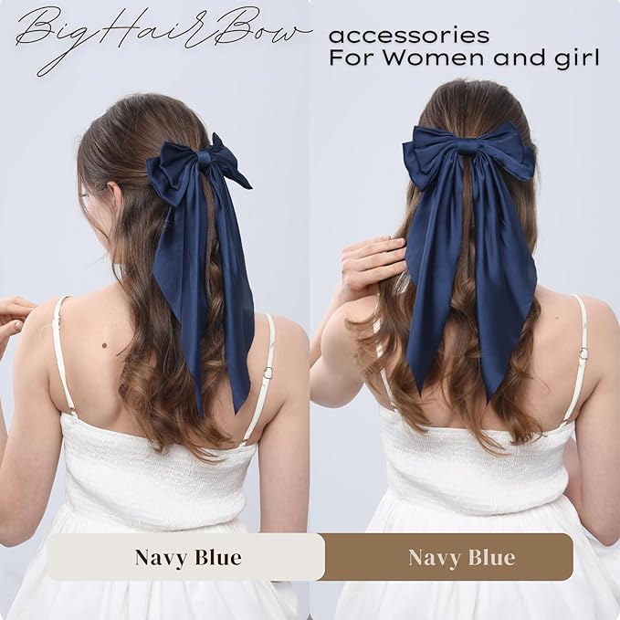 2PCS Big Hair Bow Clips for Women Girls Ã¢ÂÂ Navy Blue Satin Ribbon Bow Barrettes with Long Tails, Large Hair Accessories for Ponytail, Party, Wedding & Everyday Wear