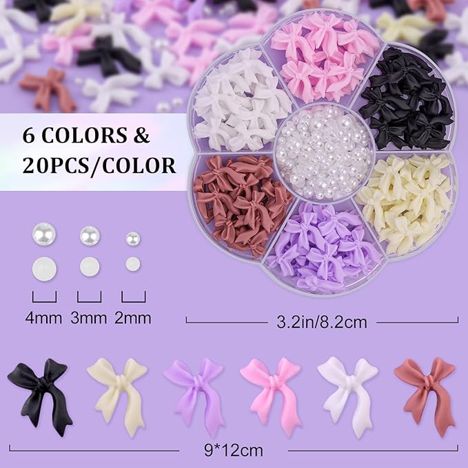 120 Pcs 3D Nail Bow Charms + 2-4mm Nail Pearls Set 6, 6 Colors Cute Bow Charms and White Flatback Pearls with Nail Charm Glue Gel(UV Needed) and Pickup Tools for Nail Art Decoration