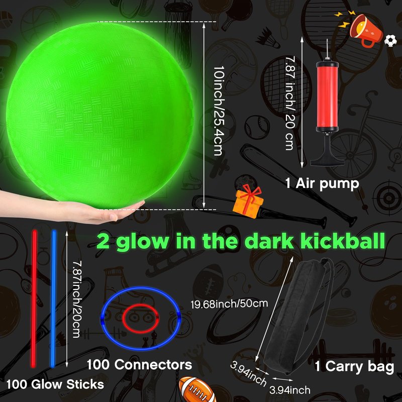 Hiboom 9 Pcs Glow in the Dark Kickball Dodgeball Set Includes 10 Inch Playground Ball with Pump 5 Rubber Bases 100 Glow Sticks for Adults Playground School Backyard Game Outdoor Indoor Games