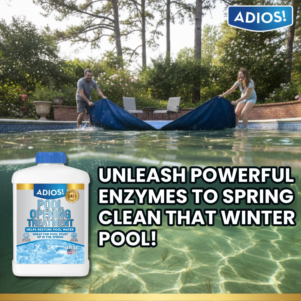 Adios! Pool Opening Treatment - Starter Enzymes for Above Ground Pools and Inground, Treats 40,000 Gallons for Winter Start Up Chemicals - 16oz