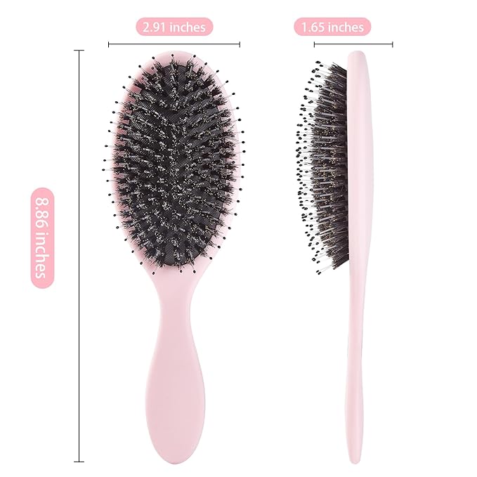 Boar Bristles Hair Brush for Women and Men, Detangling Hair Brush for Smoothing Massage Add Shine, Nylon&Boar Bristles Detangler brush for Hair Healthy (1 Pack-Pink)