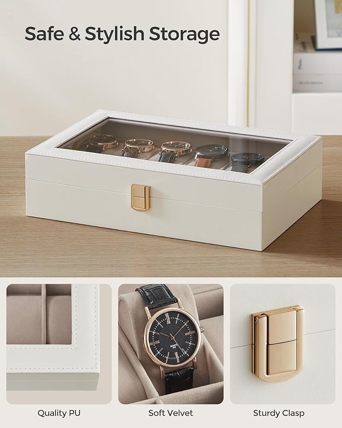 SONGMICS Watch Box, 12-Slot Watch Case Organizer with Large Glass Lid, Removable Pillows, Gift for Loved Ones, Cloud White Synthetic Leather, Cappuccino Beige Lining UJWB120W01