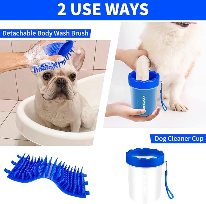 Professional 7 in 1 Dog Paw Cleaner for Dogs & Cats - Includes 1 Portable Paw Washer, 1 Bath Brush, 2 Dog Toothbrushes and 3 Absorbent Towels Note: Fits Paws up to 2 Inches Wide (Small, Navy Blue)