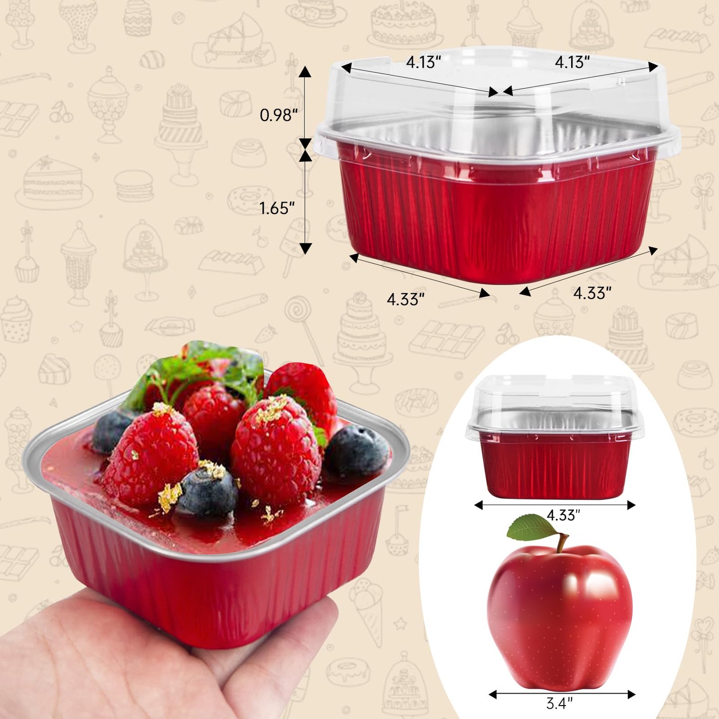 50 Pcs Mini Square Baking Cups with Lids,10oz Aluminum Foil Mini Cake Pans with Lids,Disposable Ramekins Cake Pans,300ml Dessert Cups Cupcake Pans for Wedding Birthday Party,Red