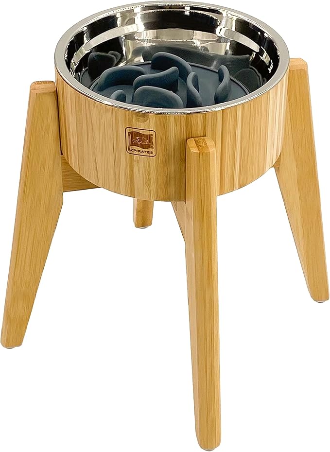 Elevated Dog Bowl with Slow Feeder Insert - (12-inch High) Ideal for Large Dogs - Suitable for Wet or Dry Dog Foods, Stainless Steel and Bamboo