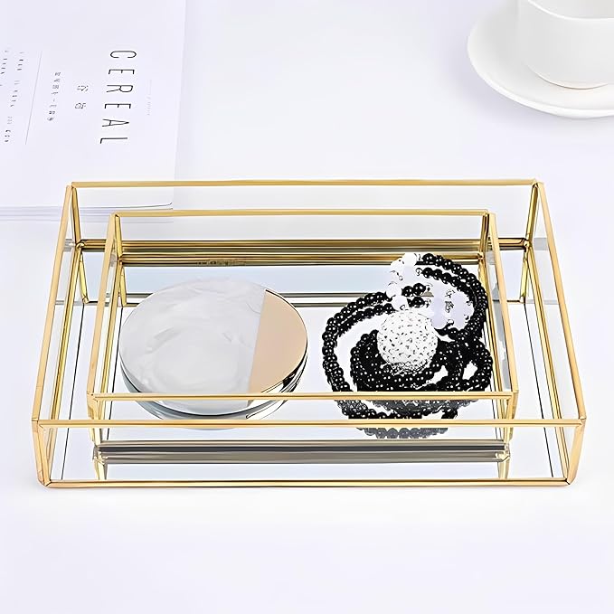 Sooyee Gold Square Mirror Tray, 8"x8" Metal and Glass Decorative Tray for Jewelry, Perfume, Makeup, Vanity, Dresser, Bathroom, Bedroom, Office, Coffee Table