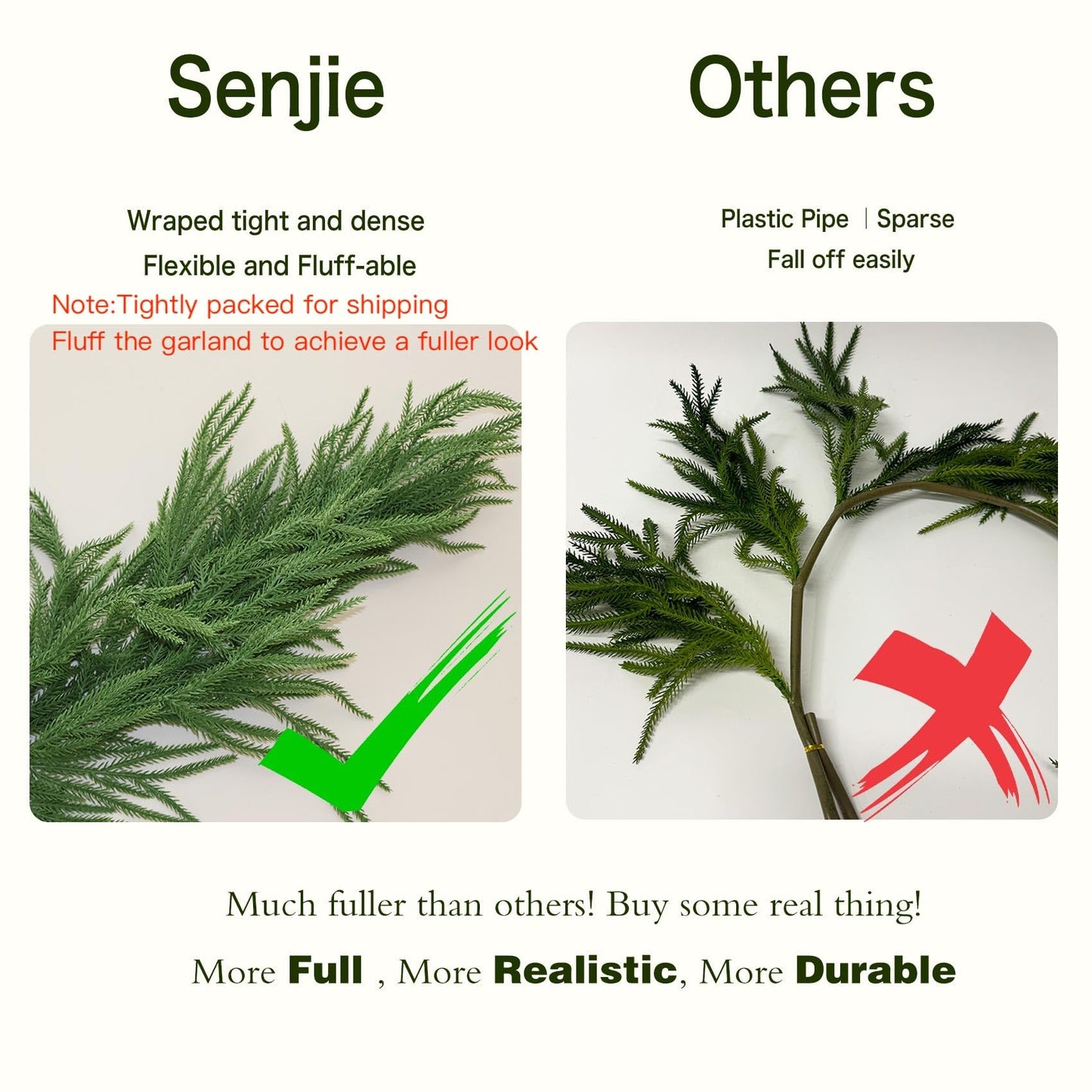 9FT Christmas Garlands Norfolk Pine Garland Real Touch Artificial Faux Greenery Garland for Holiday Indoor Outdoor Decor