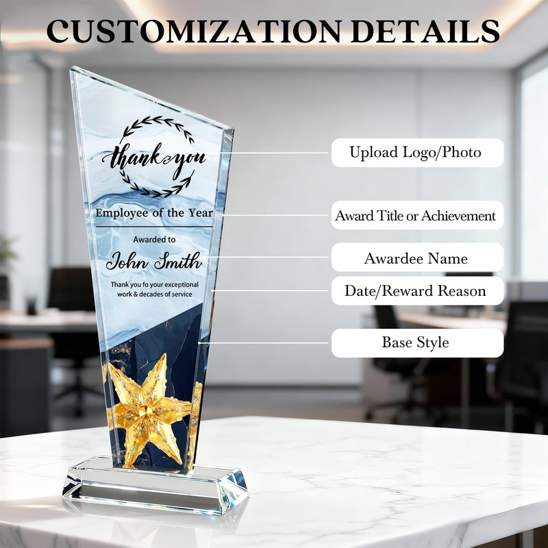 Personalized Crystal Trophy Award | Custom Awards with Text Logo Photo | Awards and Trophies for Employee Appreciation Gifts | Personalized Office Gifts for Boss Teacher | Office Decor (Full Style)
