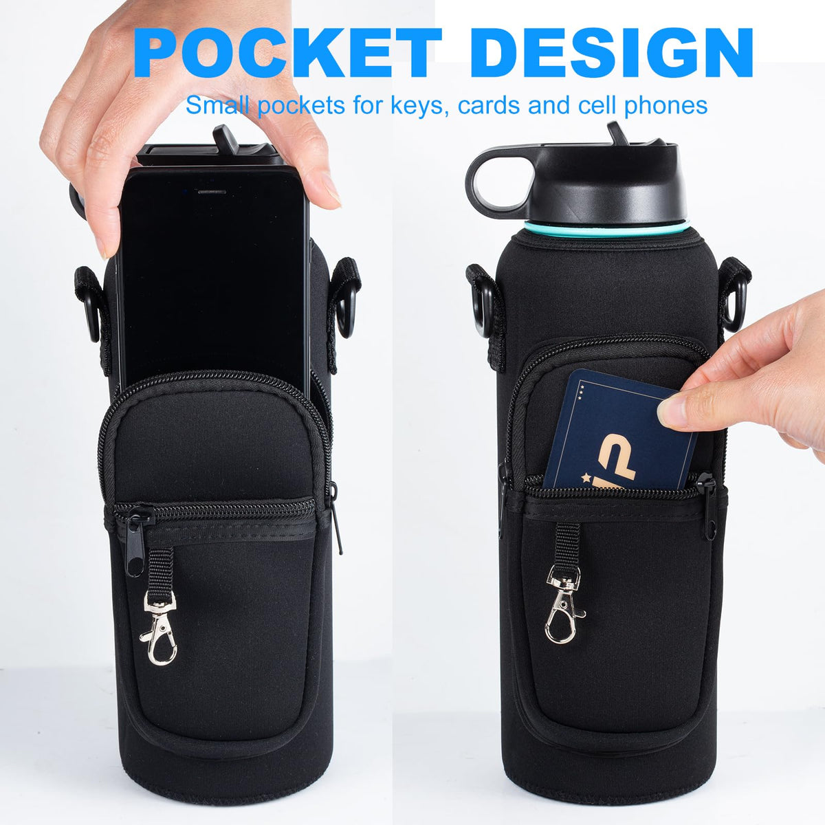 RRegeny Water Bottle Holder with Strap for Hydroflask 32oz 40oz, Carrier Sling Bag with Phone Pocket Sleeve for Men Women Hiking Camping Travelling（black 40oz）