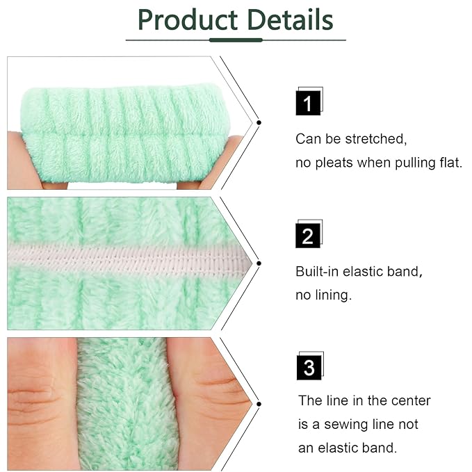 VELSCRUN Spa Headband, Makeup Face Wash Skincare Headbands, 5 Pcs Sponge Get Ready Snail Hairband Facial Wristband Hair Clip Set, Stuff for Teen Girls Women Trendy Hair Accessories Light Green