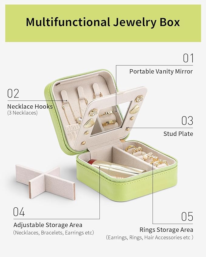 VLANDO Small Travel Jewelry Box Organizer - Girls Women Gift Rings Earrings Necklaces Jewelry Storage Display Case with Mirror Green