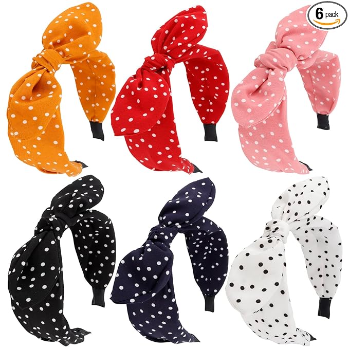 TOBATOBA 6Pack Polka Dot Bow Headbands - Cute Bunny Ears Top Knot, Vintage Hair Accessories for Women and Girls
