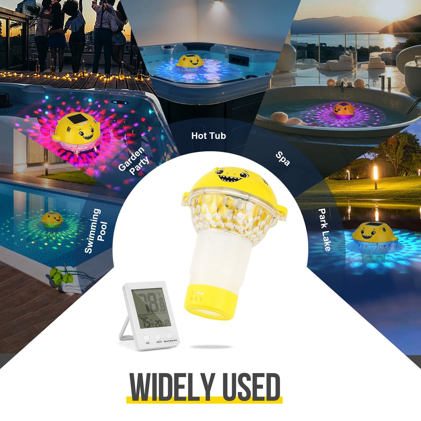 ORAPXI Solar Pool Chlorine Floater with Remote Temperature Monitor & LED Lights - Floating Chlorine Tablet Dispenser for Pool, Hot Tub and Spa