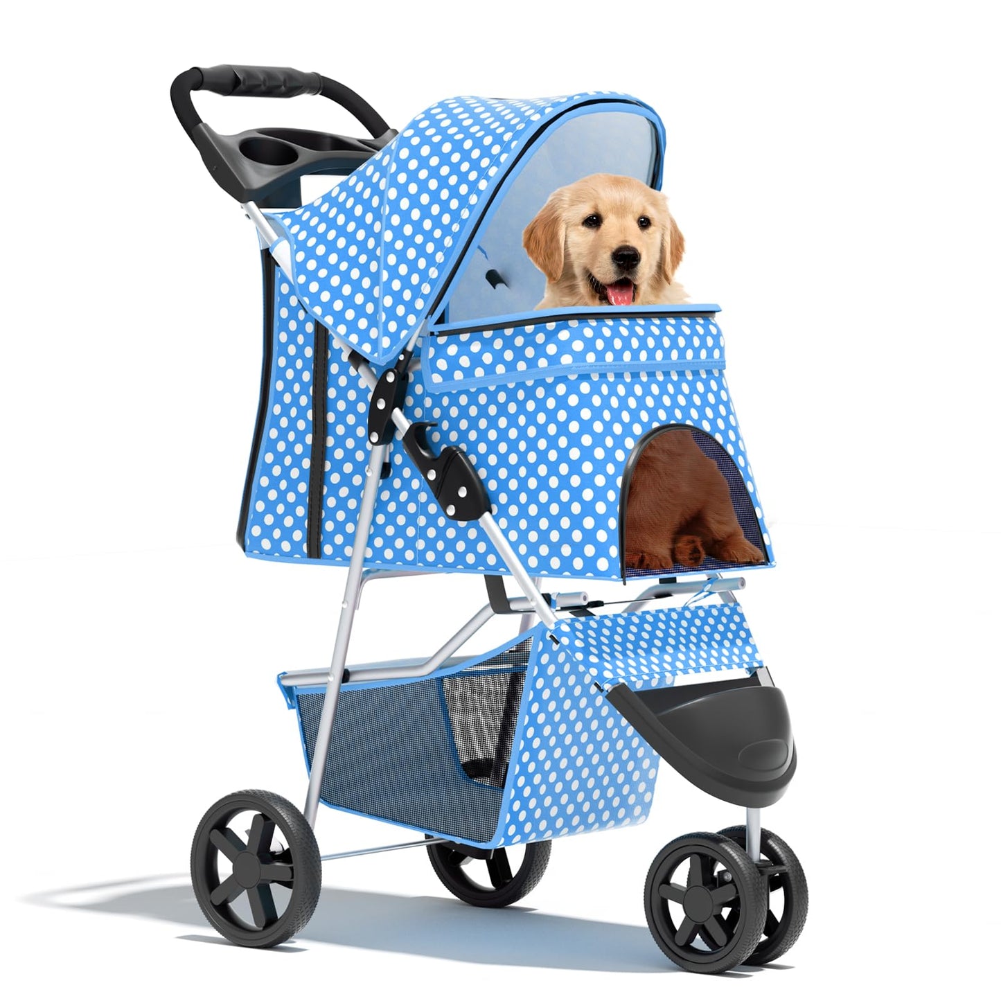 Pet Stroller for Small Dogs 10 lbs, Dog Stroller for Medium Dogs 30 lbs, Cat Strollers for 2 Cats, 3 Wheels Foldable Jogger Puppy Stroller with Storage Basket and Cup Holder, Blue Polka Dots