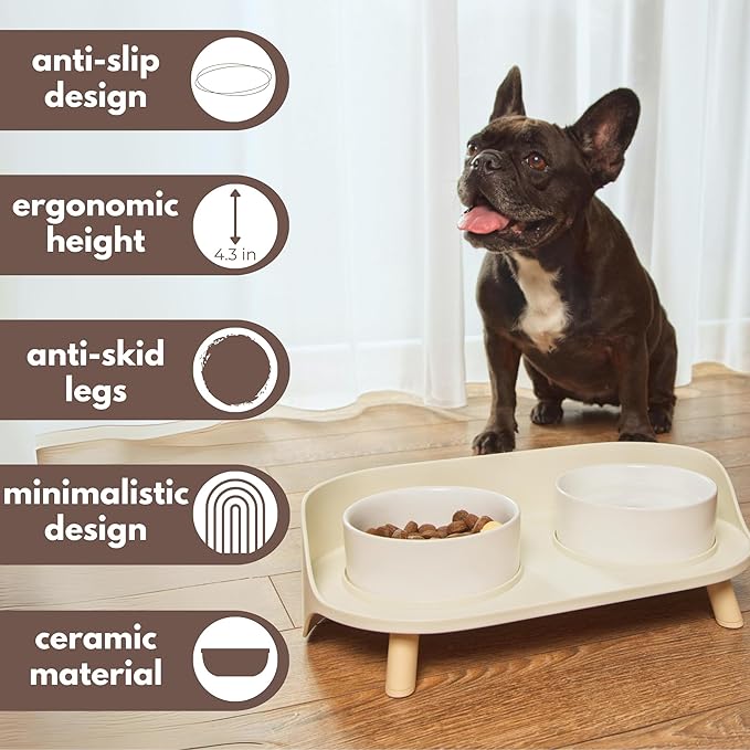A4DOG Ceramic Dog Bowls with Stand - Elevated Dog Water and Food Bowl Set 13.5oz Cat & Dog Feeding Station Spill Proof Splash Proof Raised Pet Food Bowls for Dogs, No Mess Pet Feeder - Beige