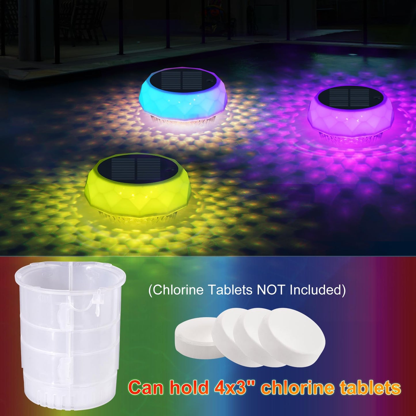 Solar Pool Chlorine Floater with Automatic Darkness-Sensing Light - Floating Dispenser Holds 3" Tablets (Not Included), Anti-Sinking Chlorinator & Bromine Holder for Pool SPA Party