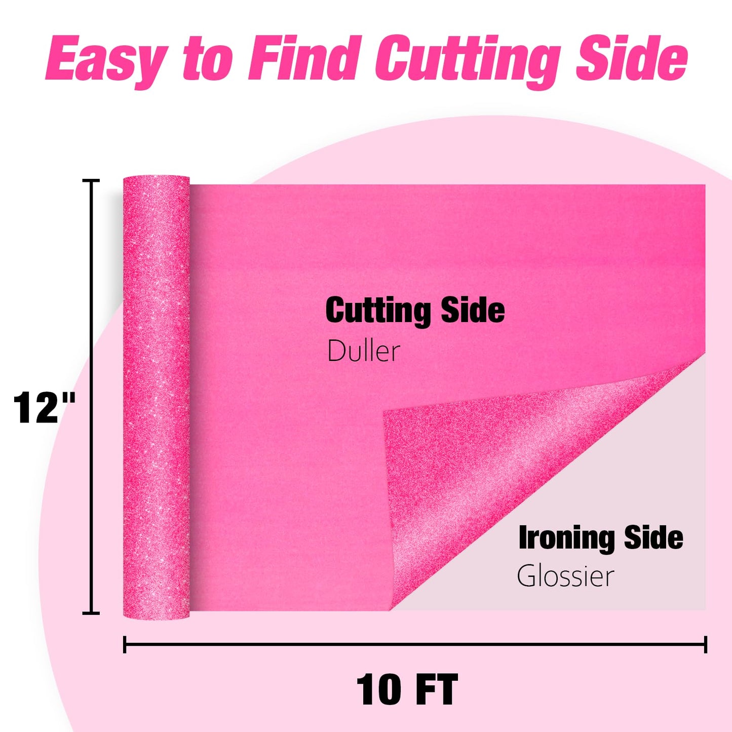 VinylRus Hot Pink Glitter HTV Heat Transfer Vinyl Roll - 12 x 10ft Pink Glitter HTV Vinyl for T-Shirt Clothing Bags, Iron on Vinyl for All Cutter Machines - Easy to Cut and Weed