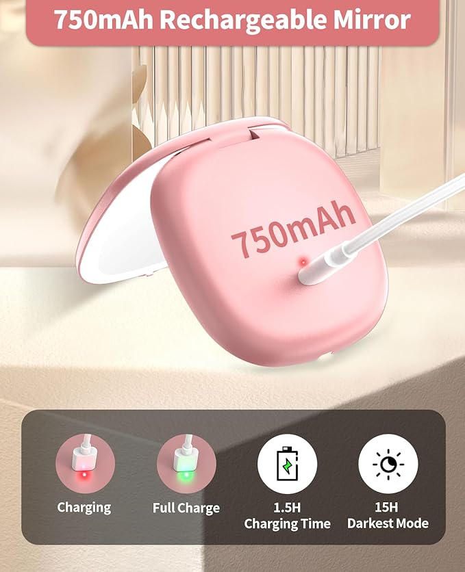 WOBSION Rechargeable Lighted Travel Makeup Mirror,1x/10x Compact Magnifying Mirror with Lights,Portable for Bag,4inch,Gift,Rose Gold